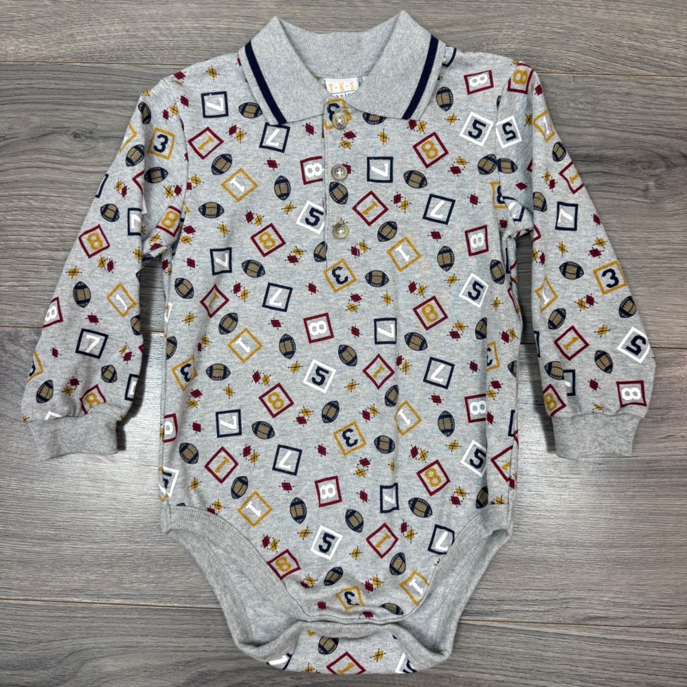 Vintage TKS Basics‎ Baby Boys 24M Football Polo Long Sleeve Gray Bodysuit NWT